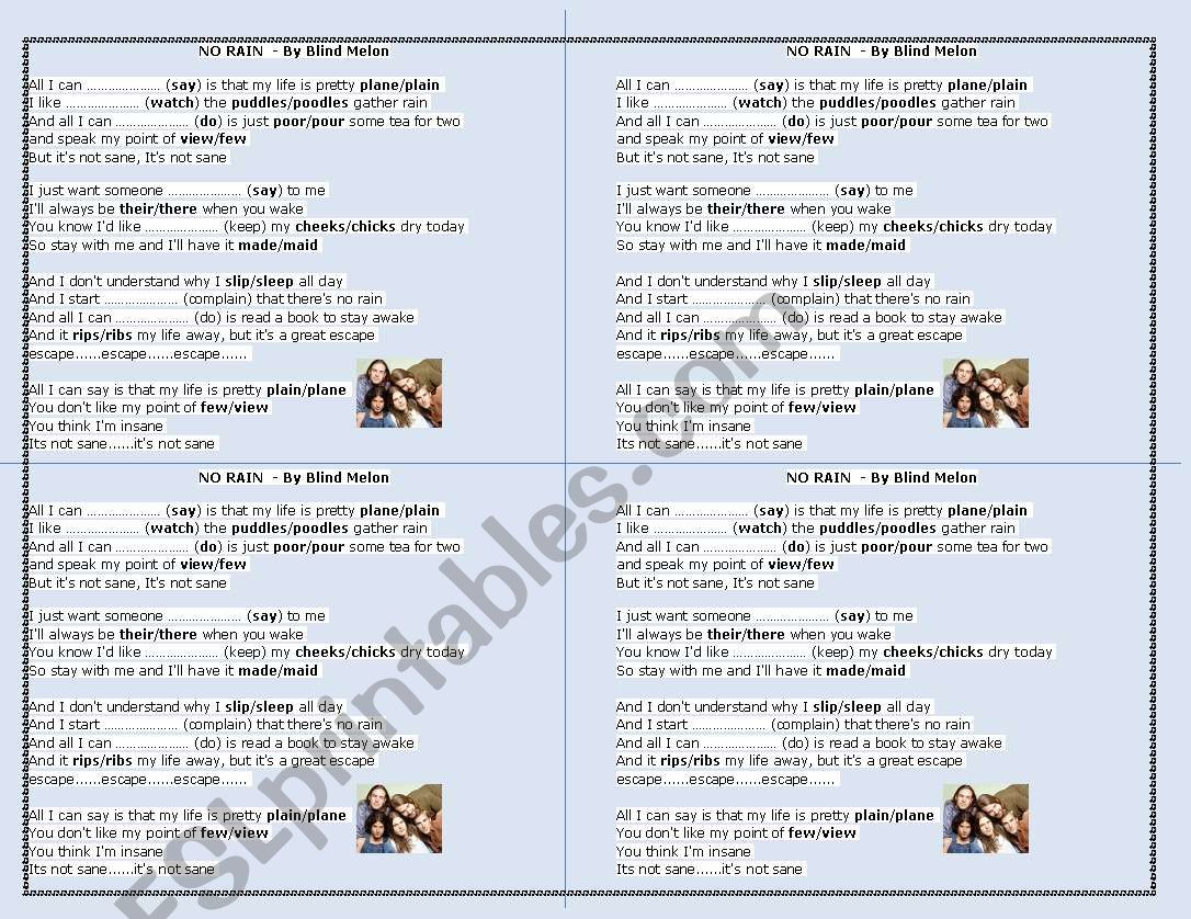 No Rain -Blind Melon worksheet