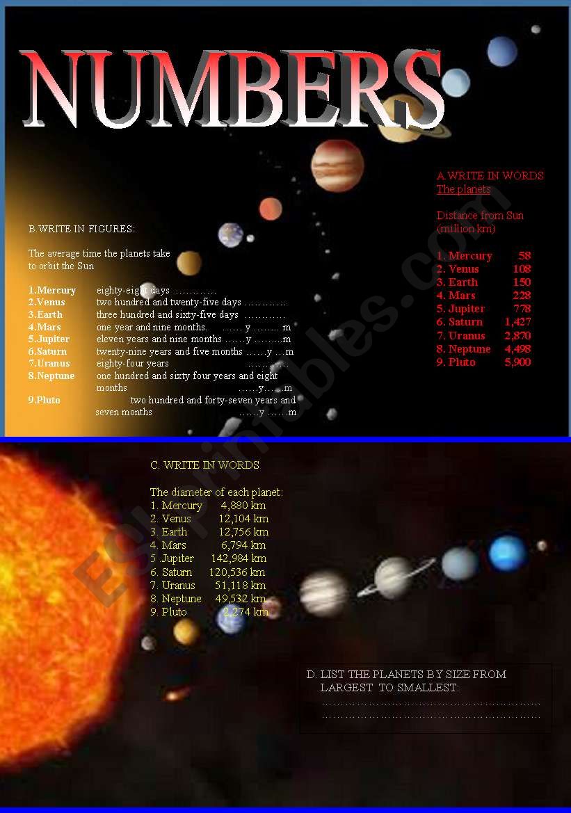 Numbers and Solar System worksheet