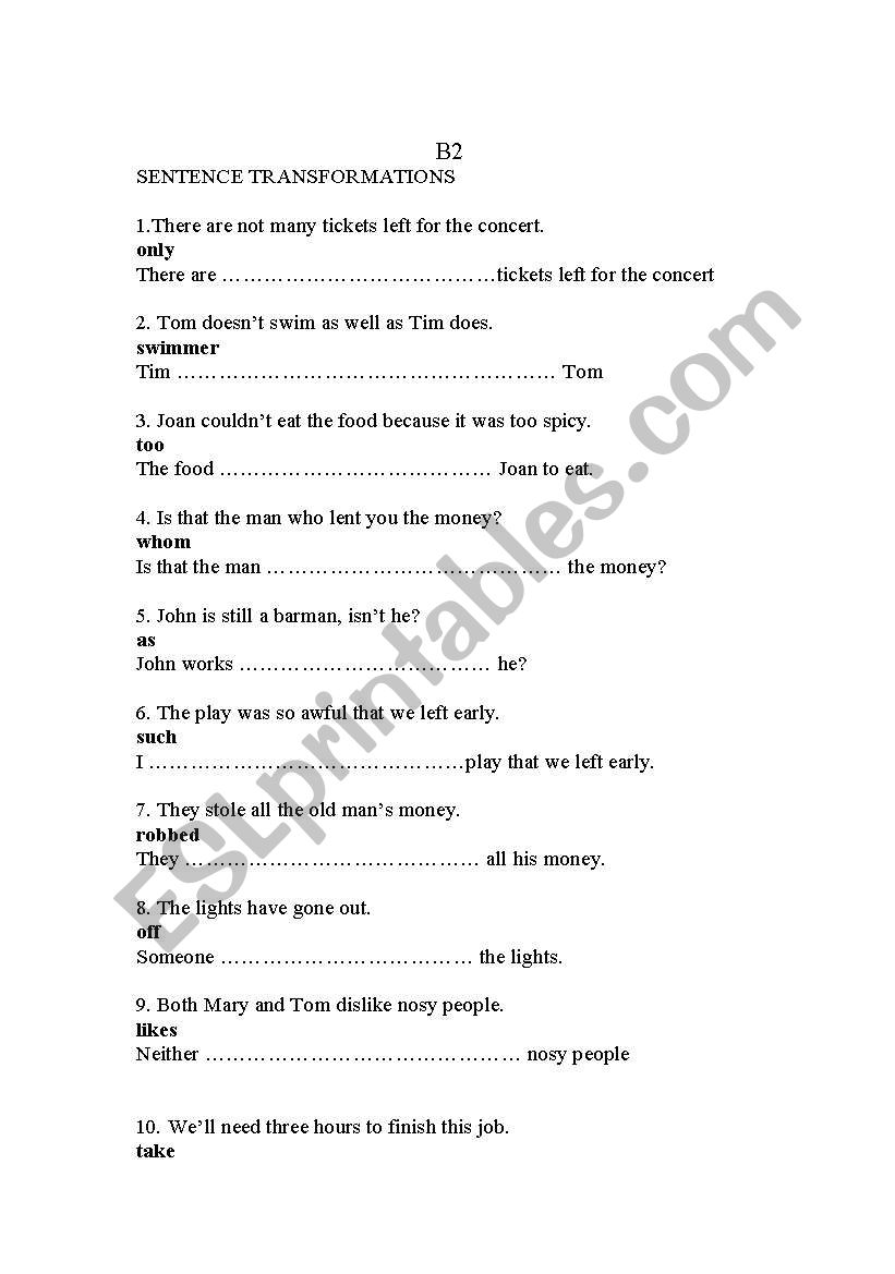 B2 Sentence Transformation worksheet