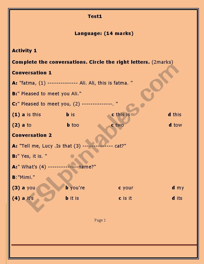 7th formtest  worksheet