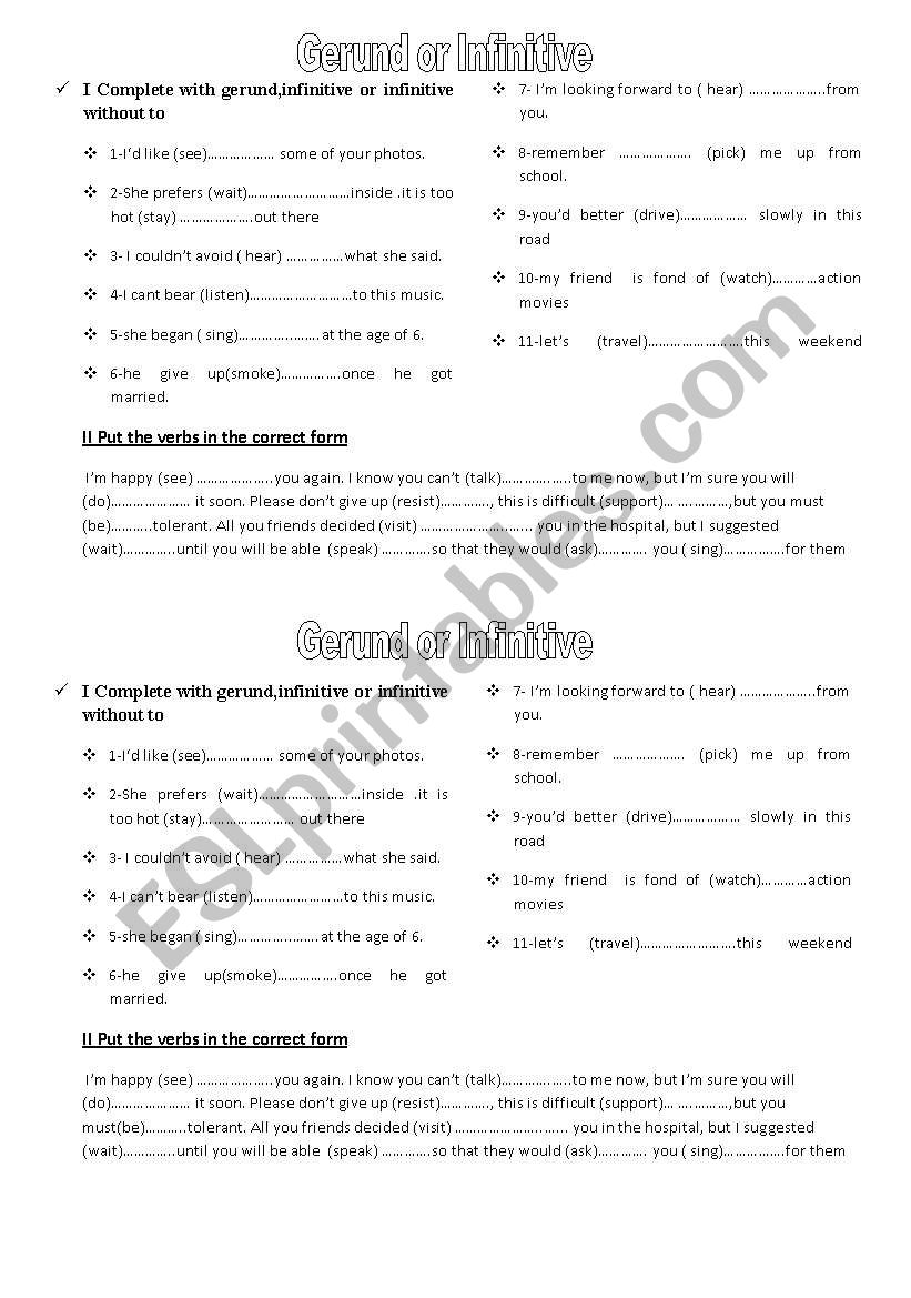 gerund or infinitive worksheet