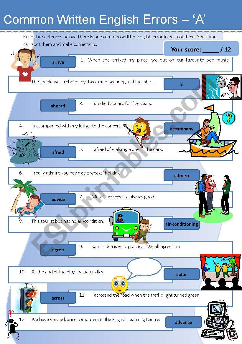 Common Written English Errors - Â´AÂ´ (with detailed ans key)