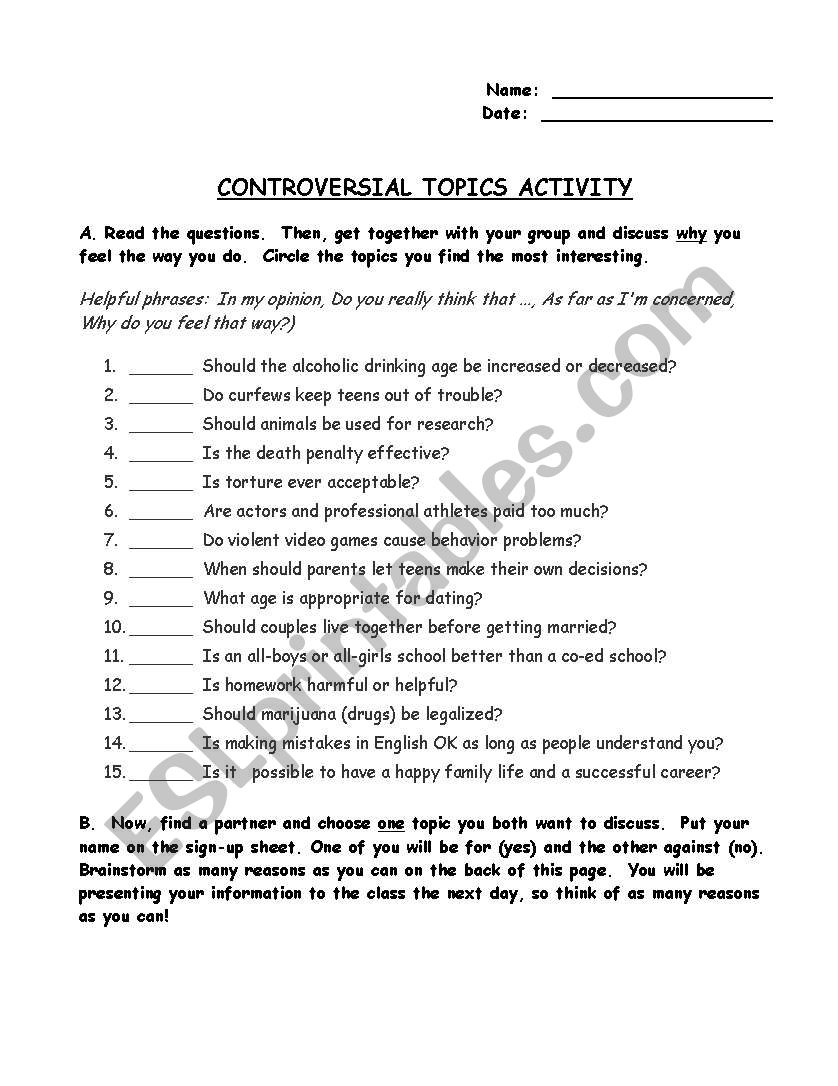 Controversial Topics activity worksheet