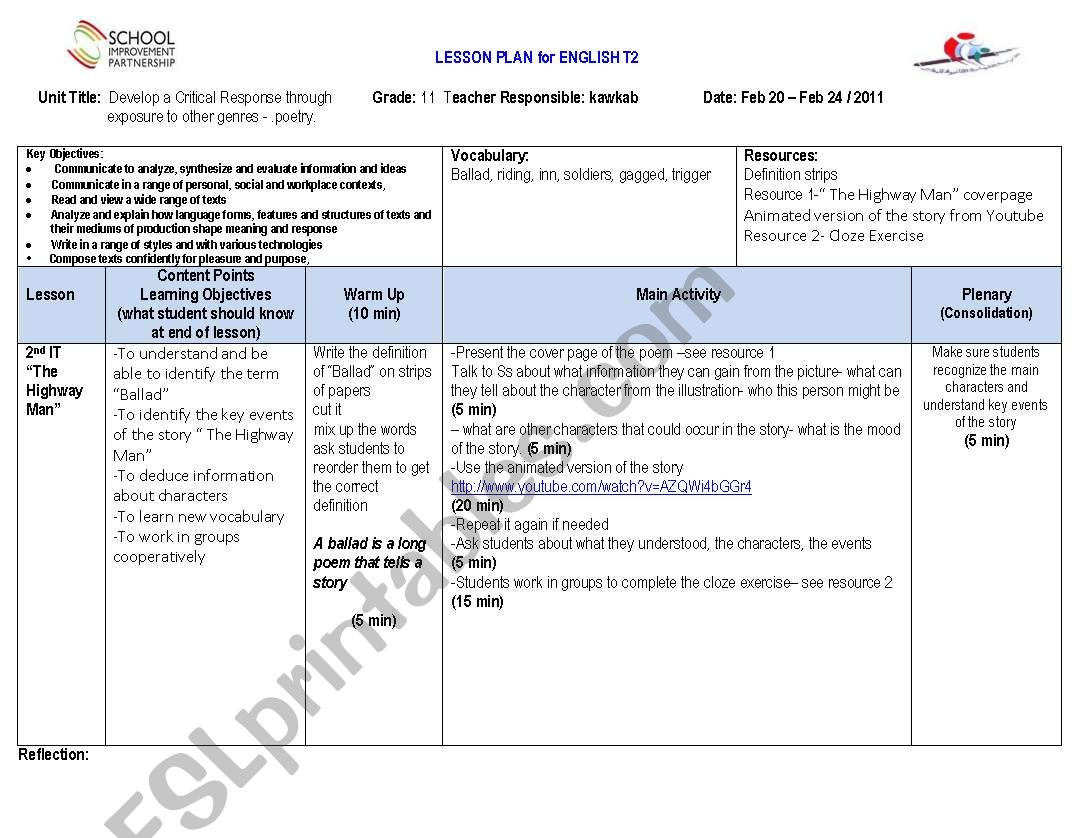 lesson plan about poetry worksheet