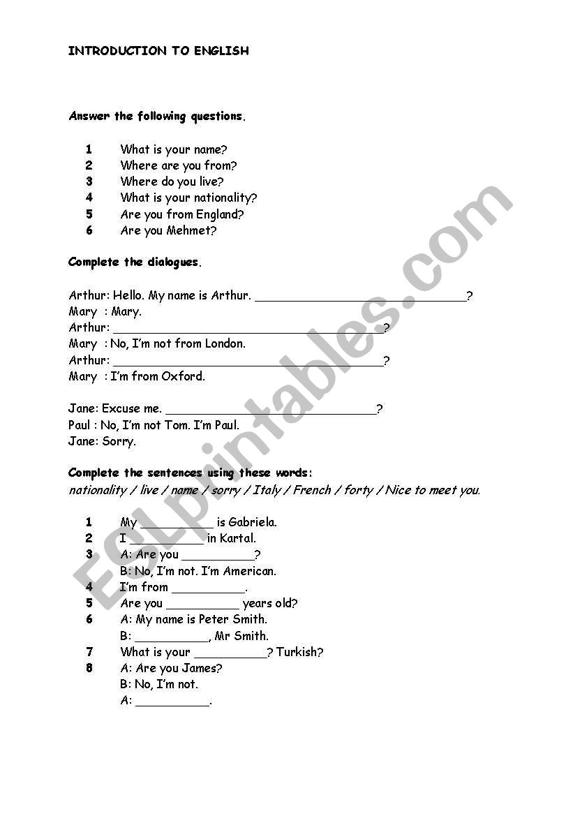 Introduction to English worksheet