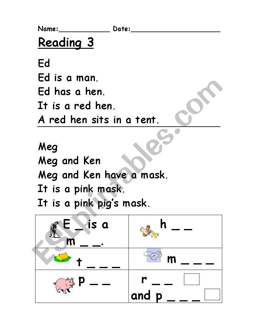 Reading 3 : Phonics worksheet