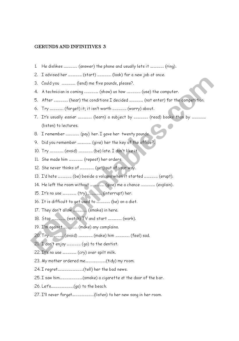 GERUNDS AND INFINITIVES 3 worksheet