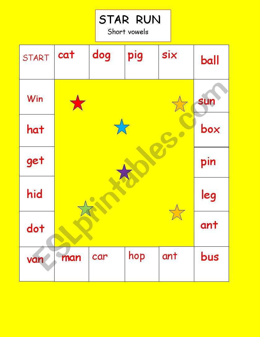 STAR  RACE, short vowels worksheet