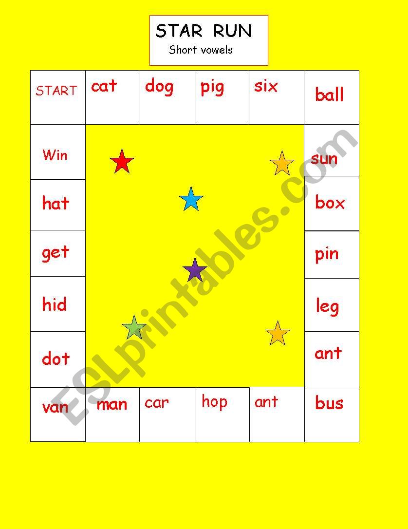 STAR  RACE, short vowels worksheet