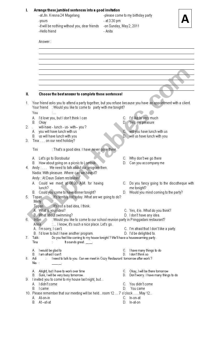 Invitation Test worksheet