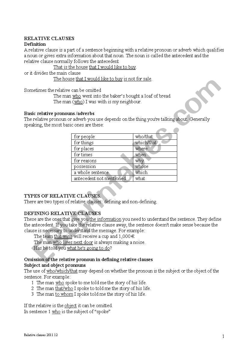 RELATIVE CLAUSES worksheet