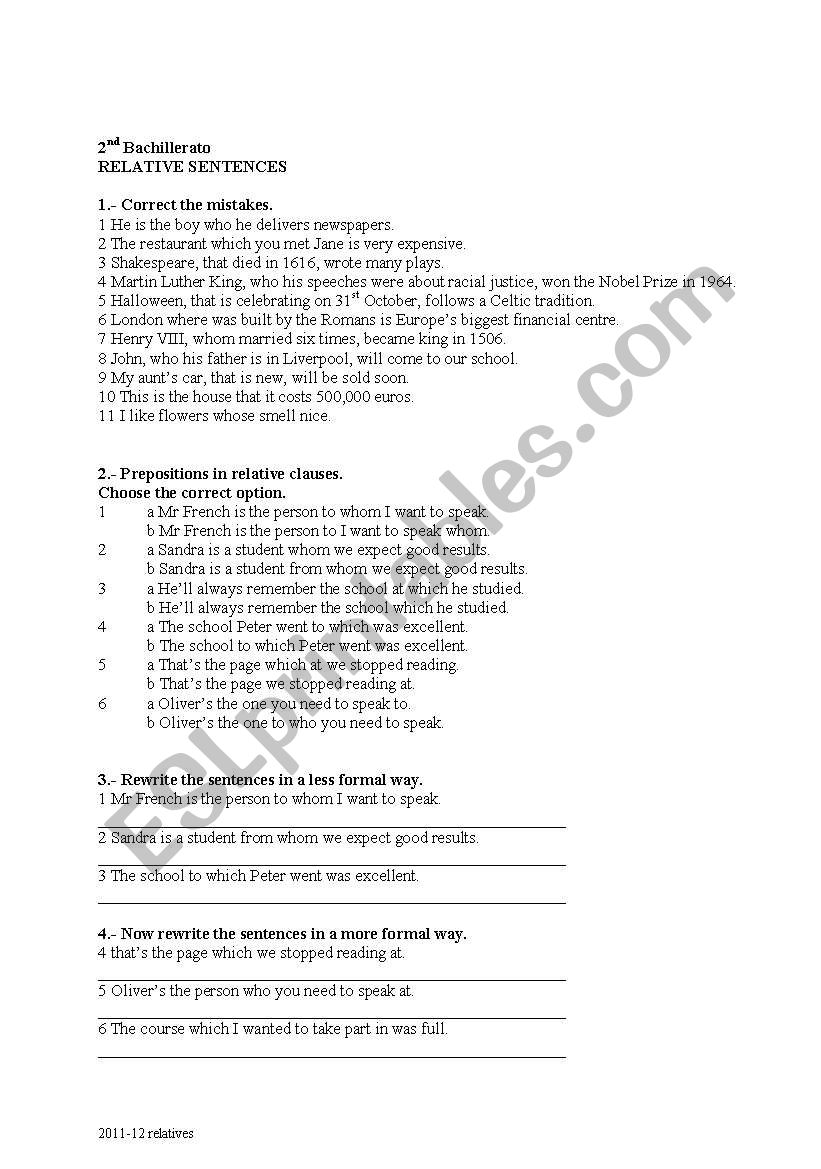 RELATIVE CLAUSES EXERCISES worksheet