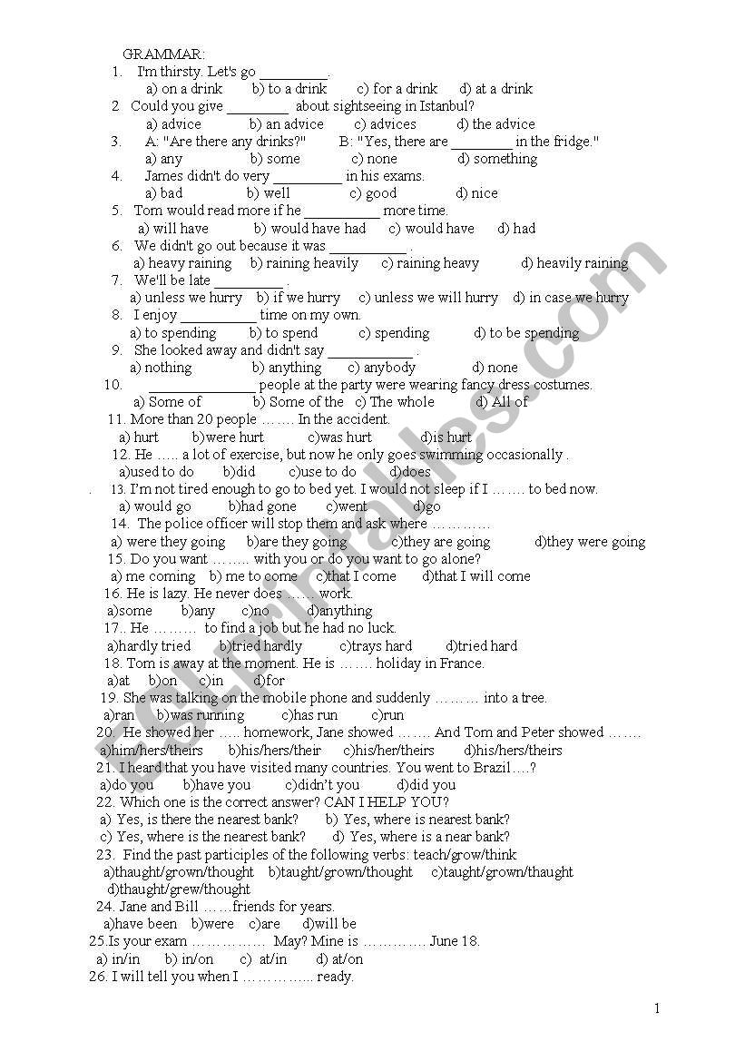 100 multiple choice questions -  grammar and vocabulary