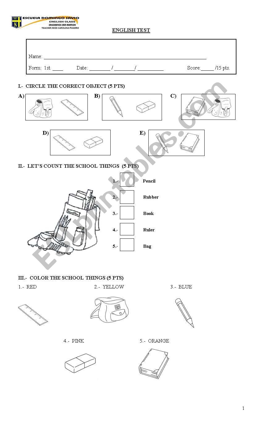 school things worksheet