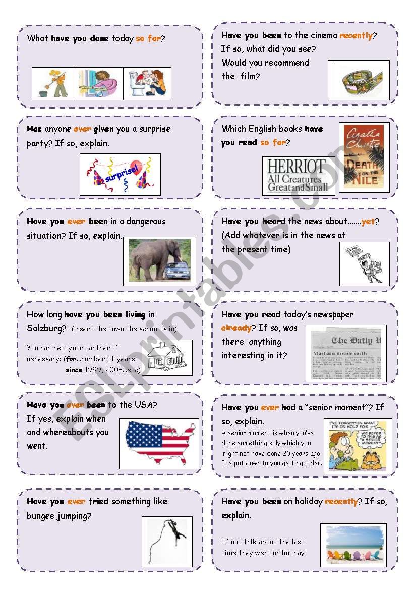 Conversation cards (5) MAMO CARDS..present perfect focus