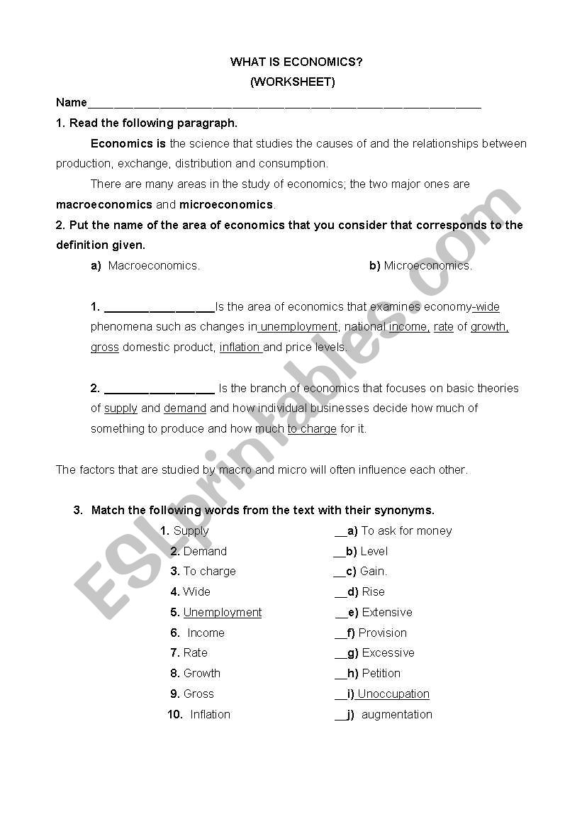 Reading about economics worksheet