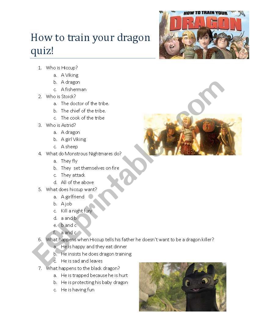 How To Train Your Dragon Quiz worksheet