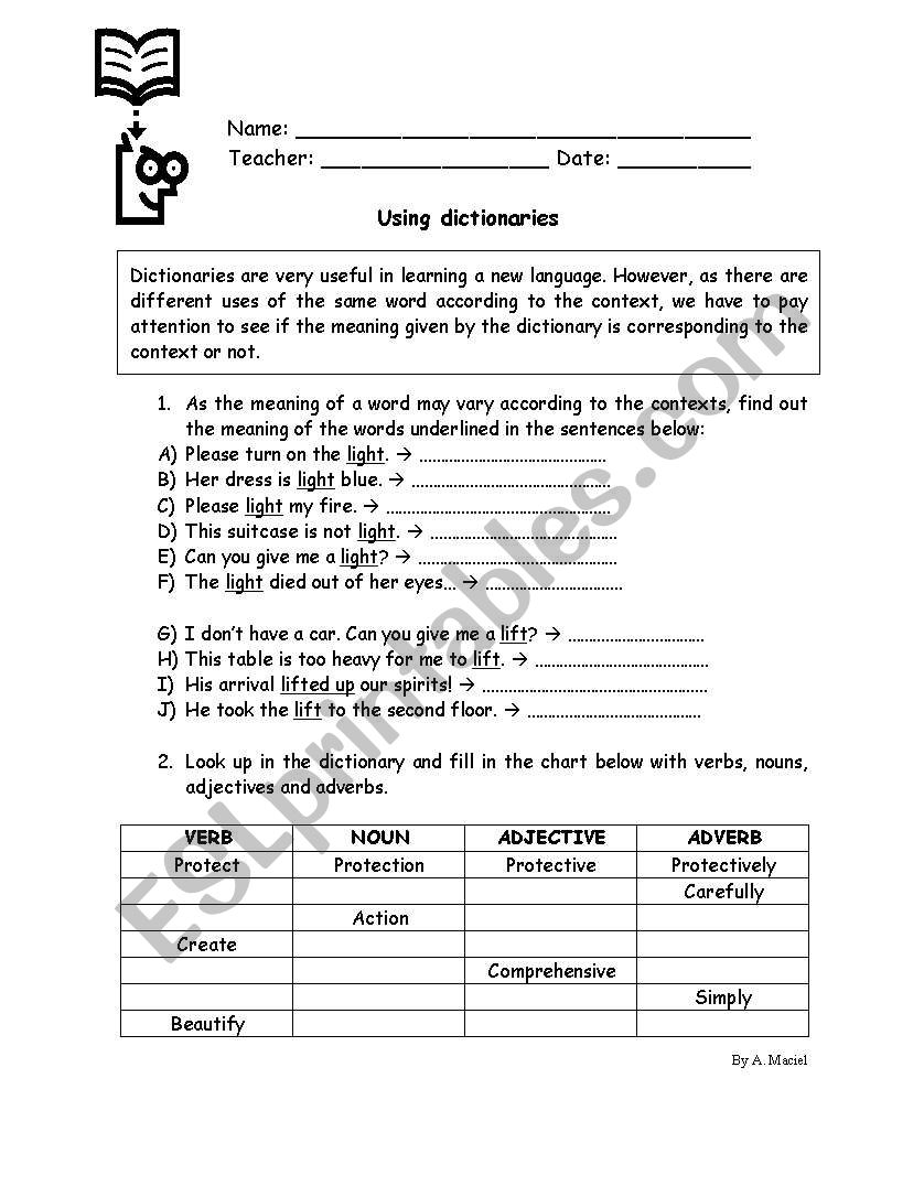 Use of dictionaries worksheet