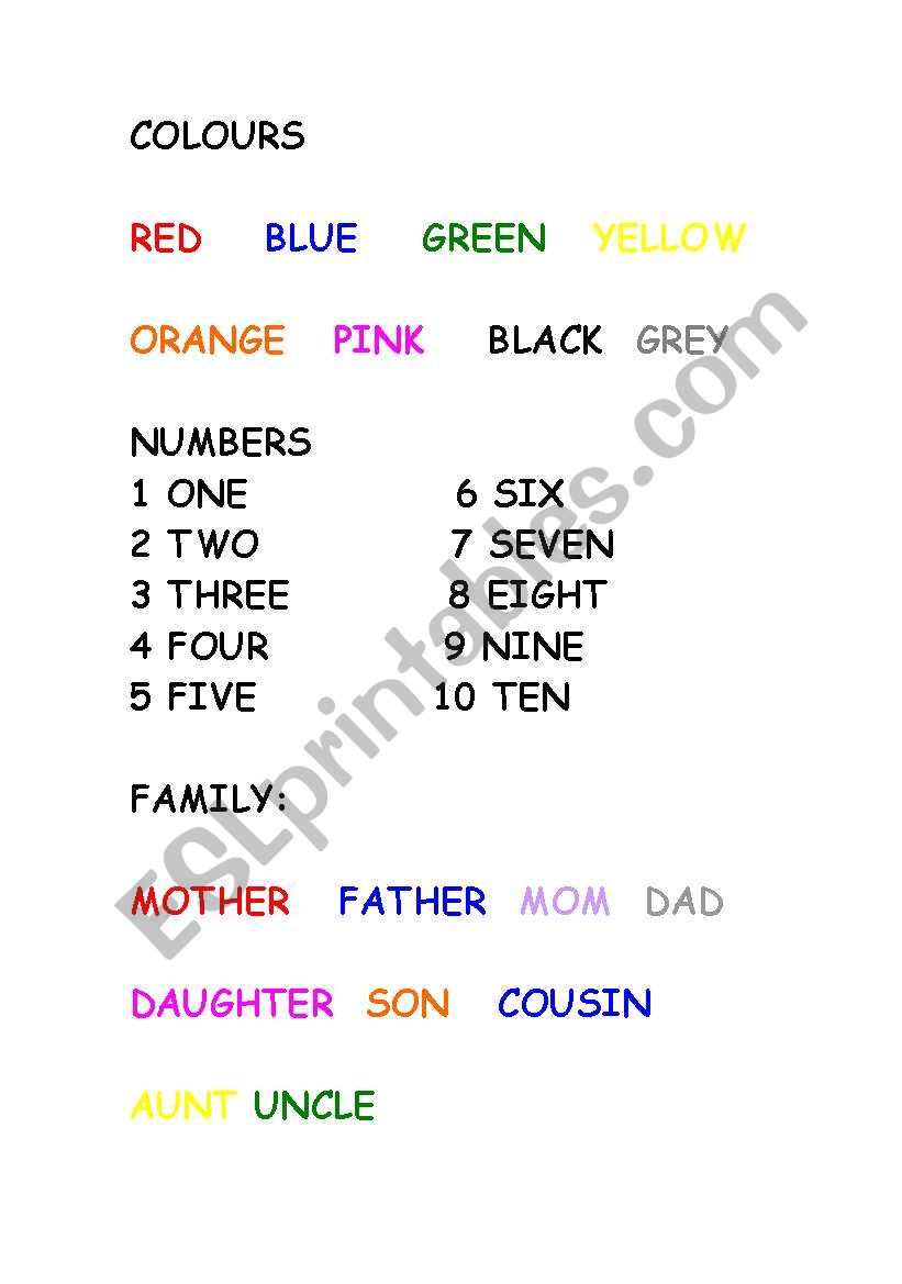 Numbers and colours worksheet
