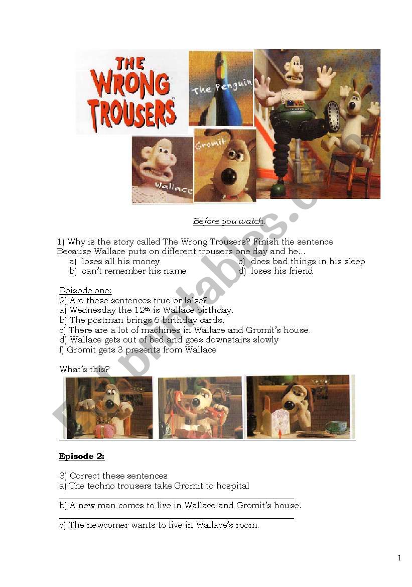 The wrong trousers worksheet