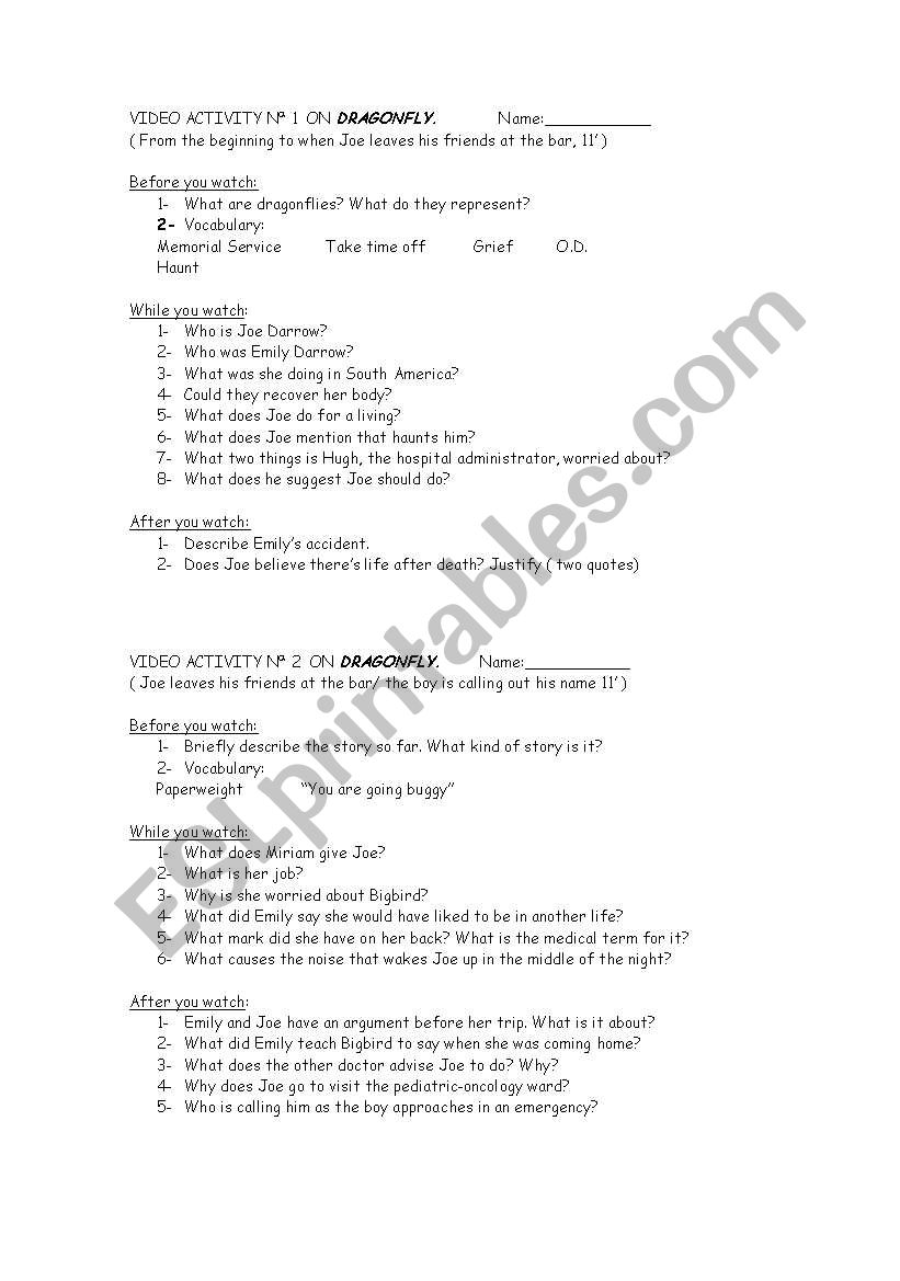 Dragonfly movie worksheet worksheet