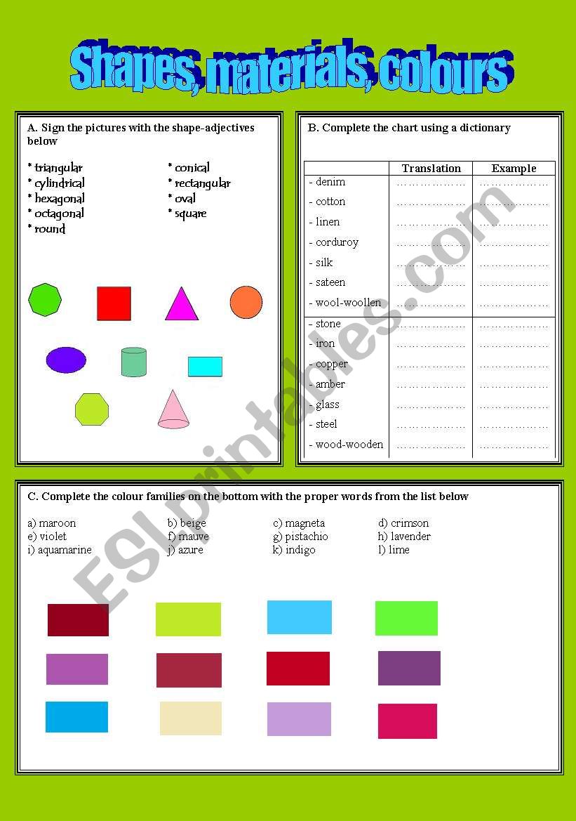 Shapes, materials and colours worksheet