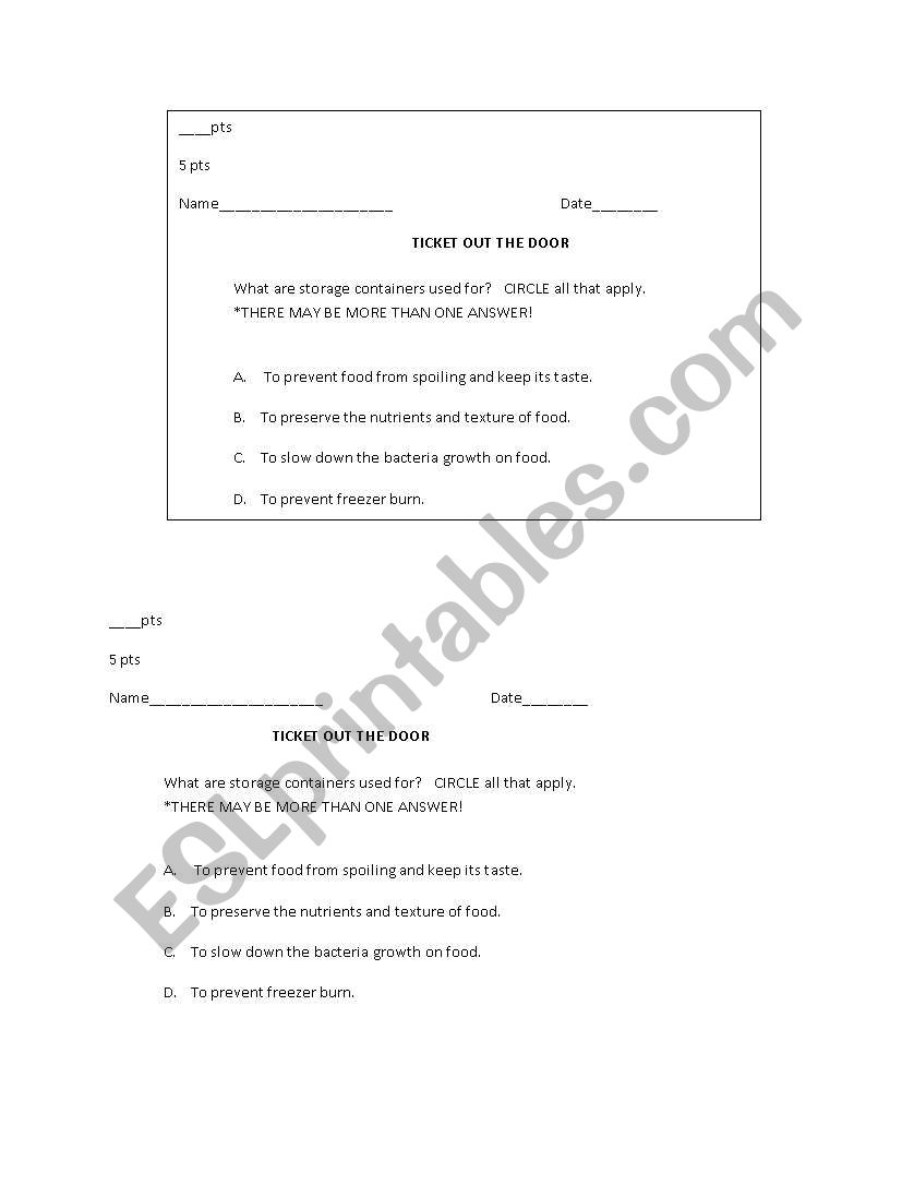 Ticket Out The Door worksheet