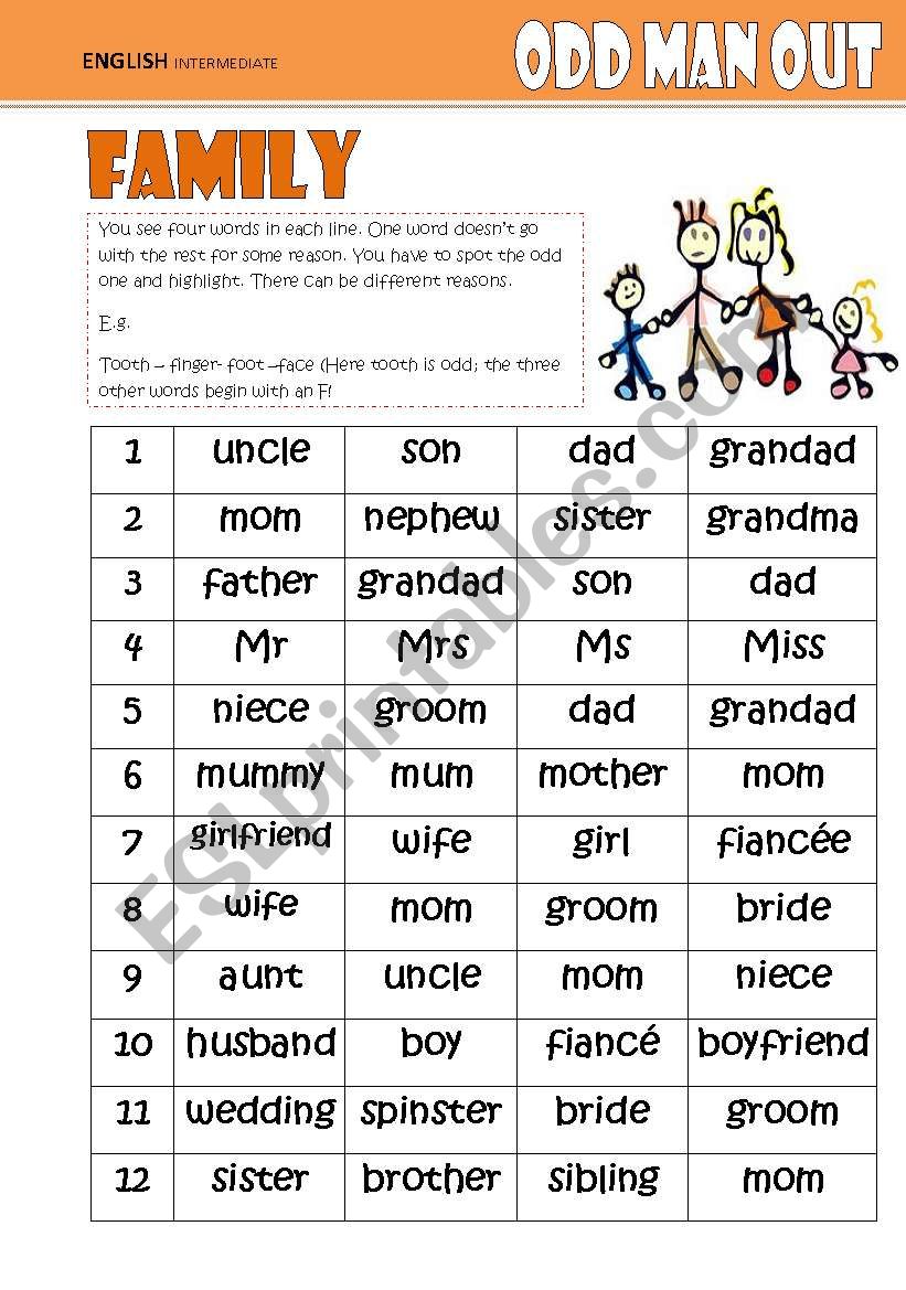 Odd One Out -Family worksheet