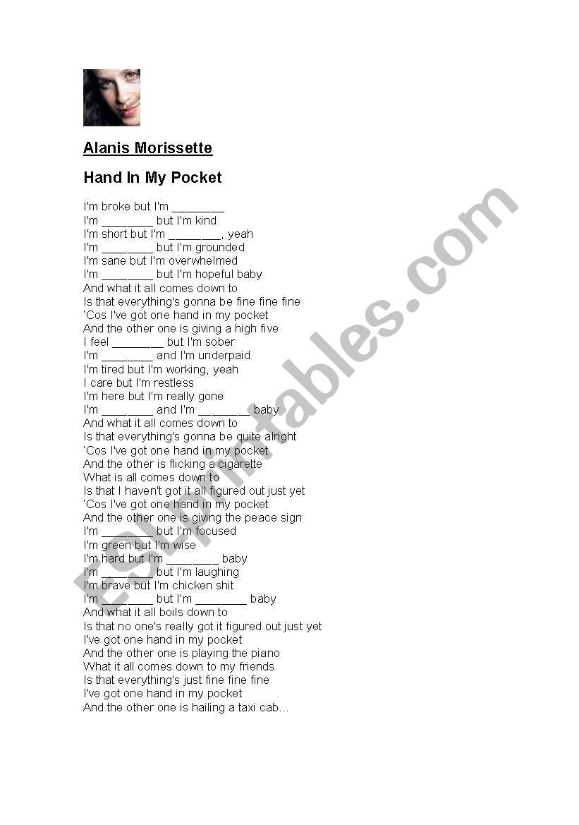 Alanis Hand In My Pocket worksheet