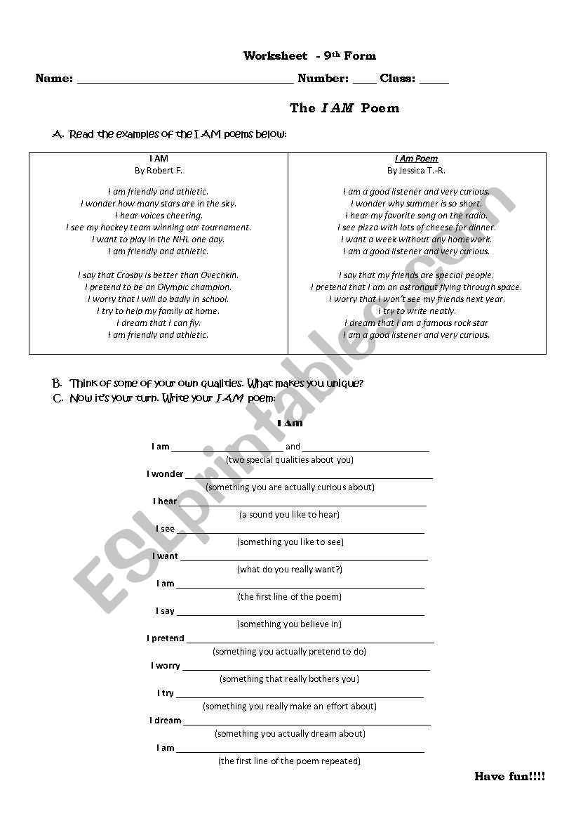 poem worksheet