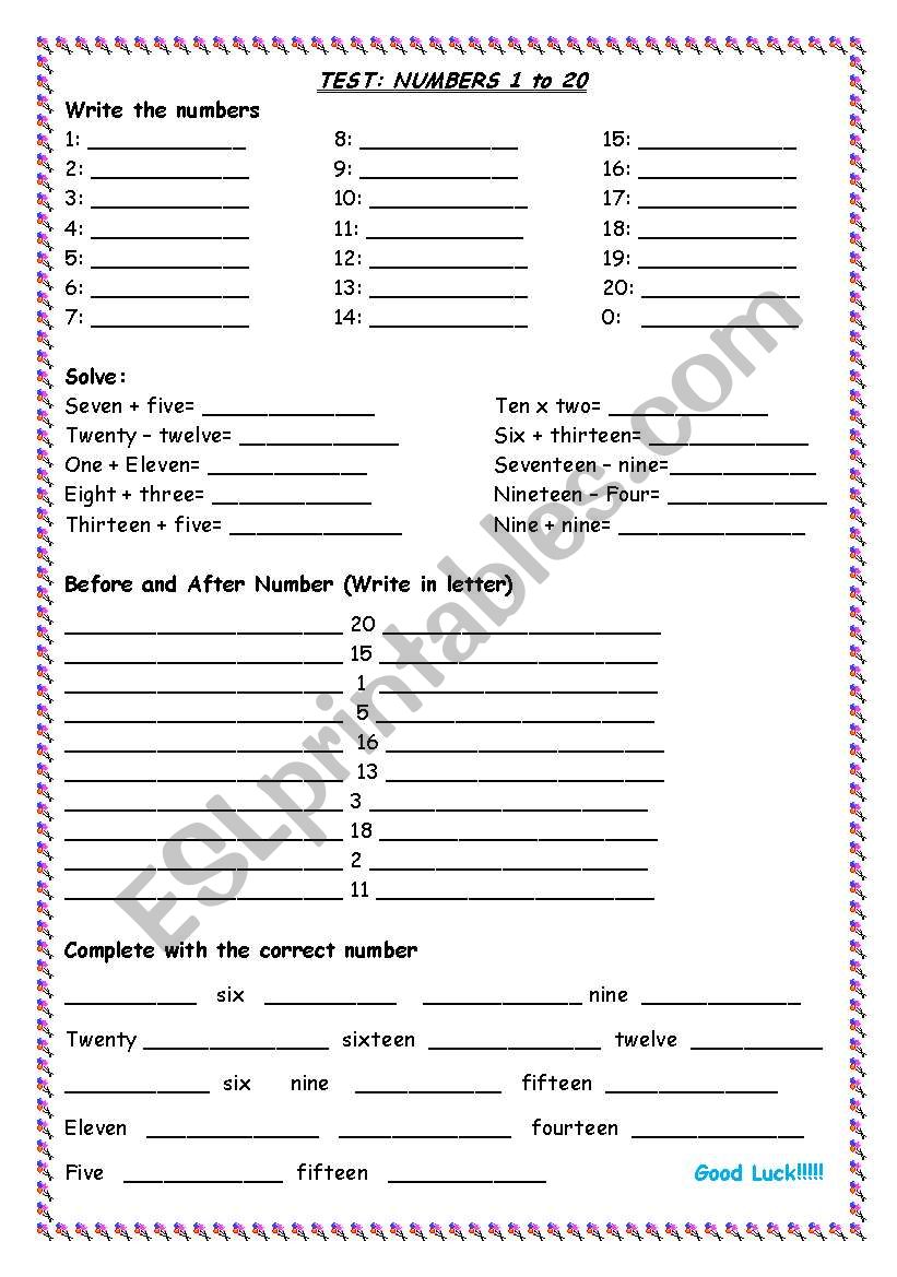 Test Numbers 1 - 20 worksheet