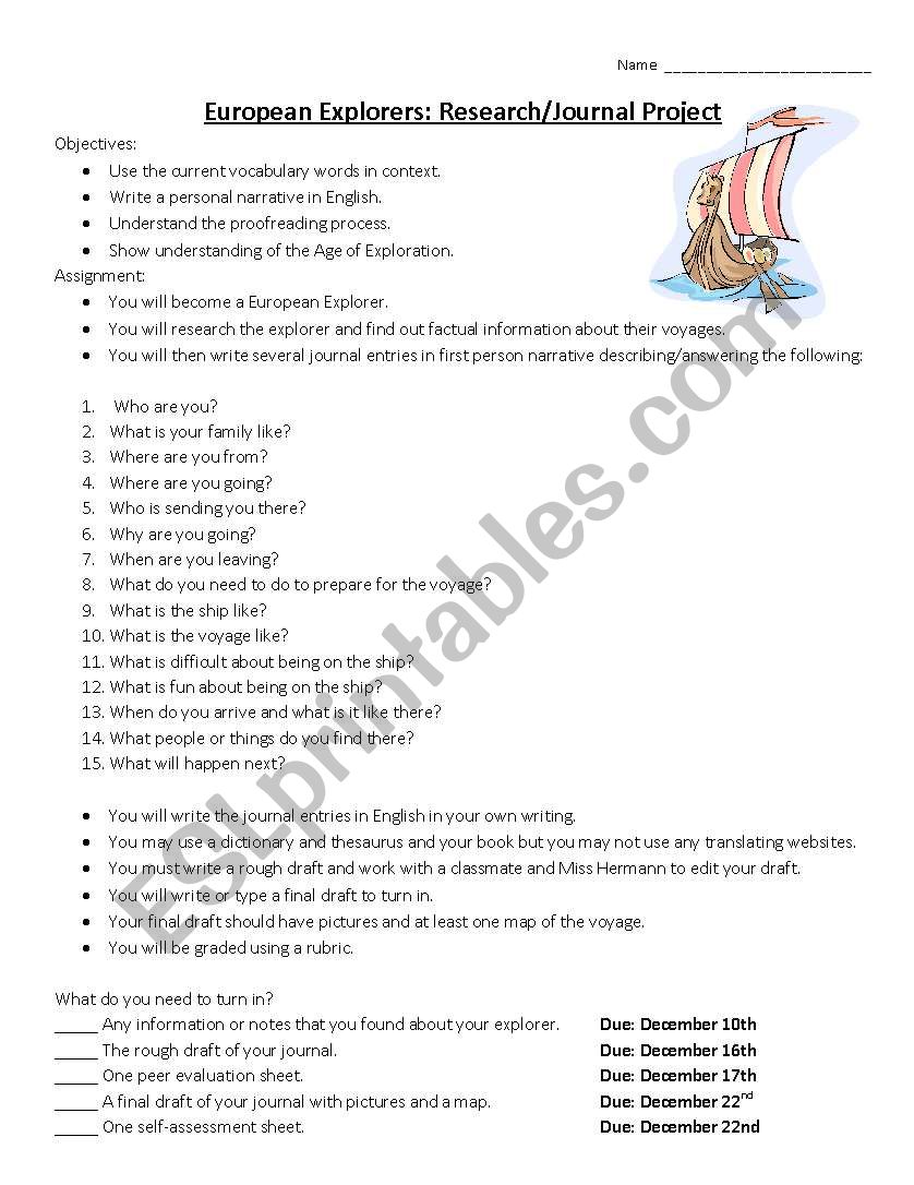 European Explorers Project worksheet