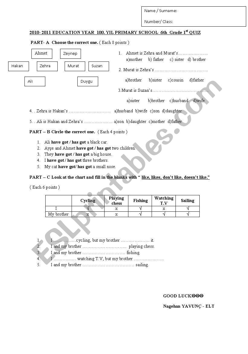 Worksheet for 6th grade students