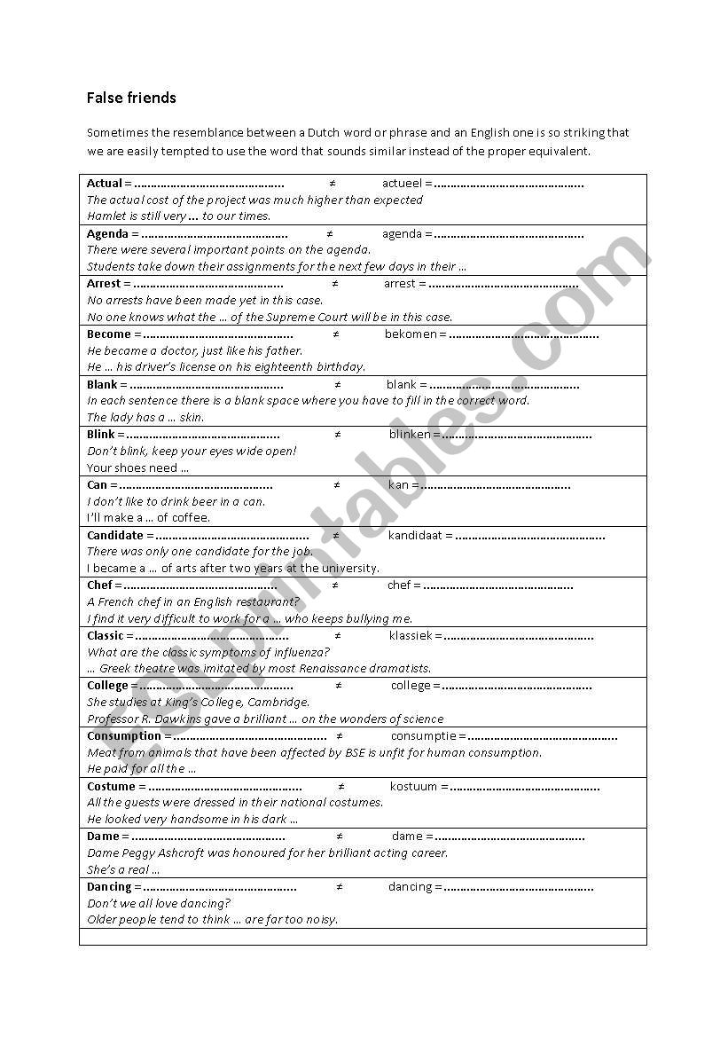 False Friends worksheet