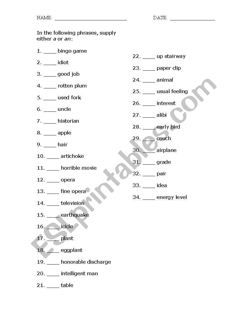 A or An worksheet