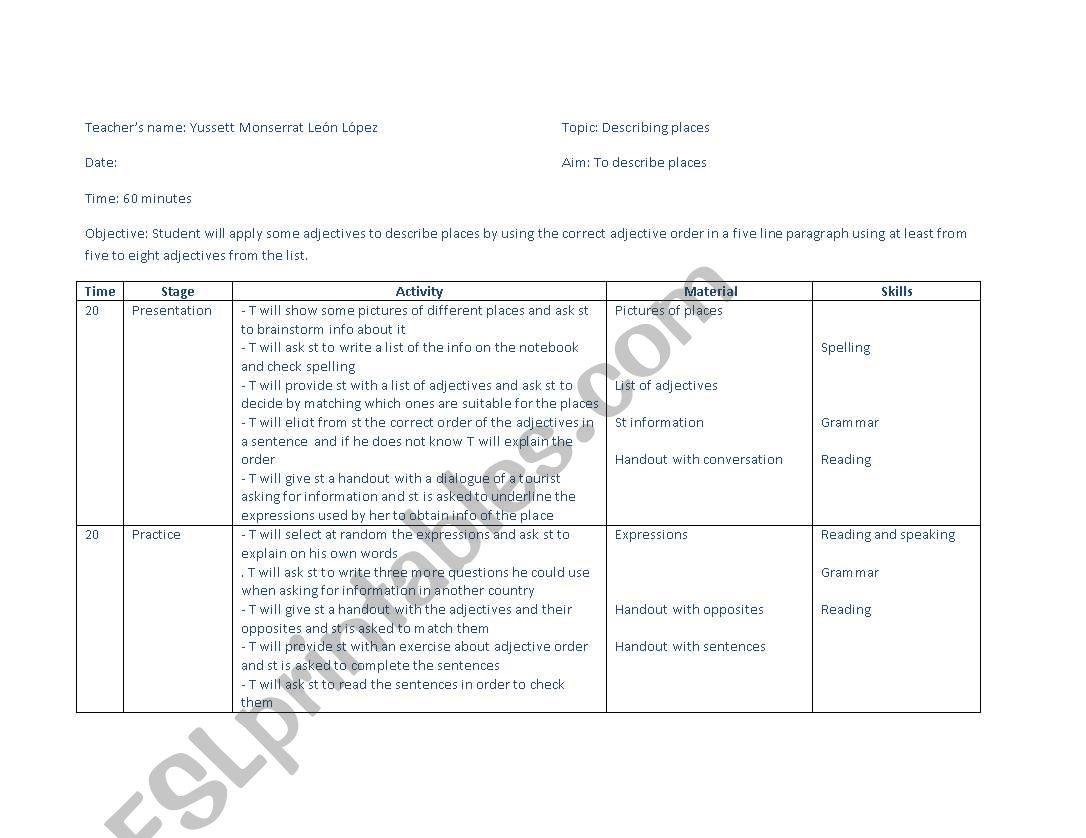 Describing places worksheet