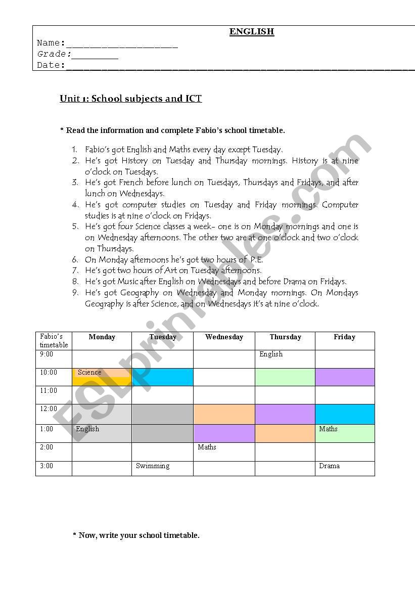 school timetable worksheet