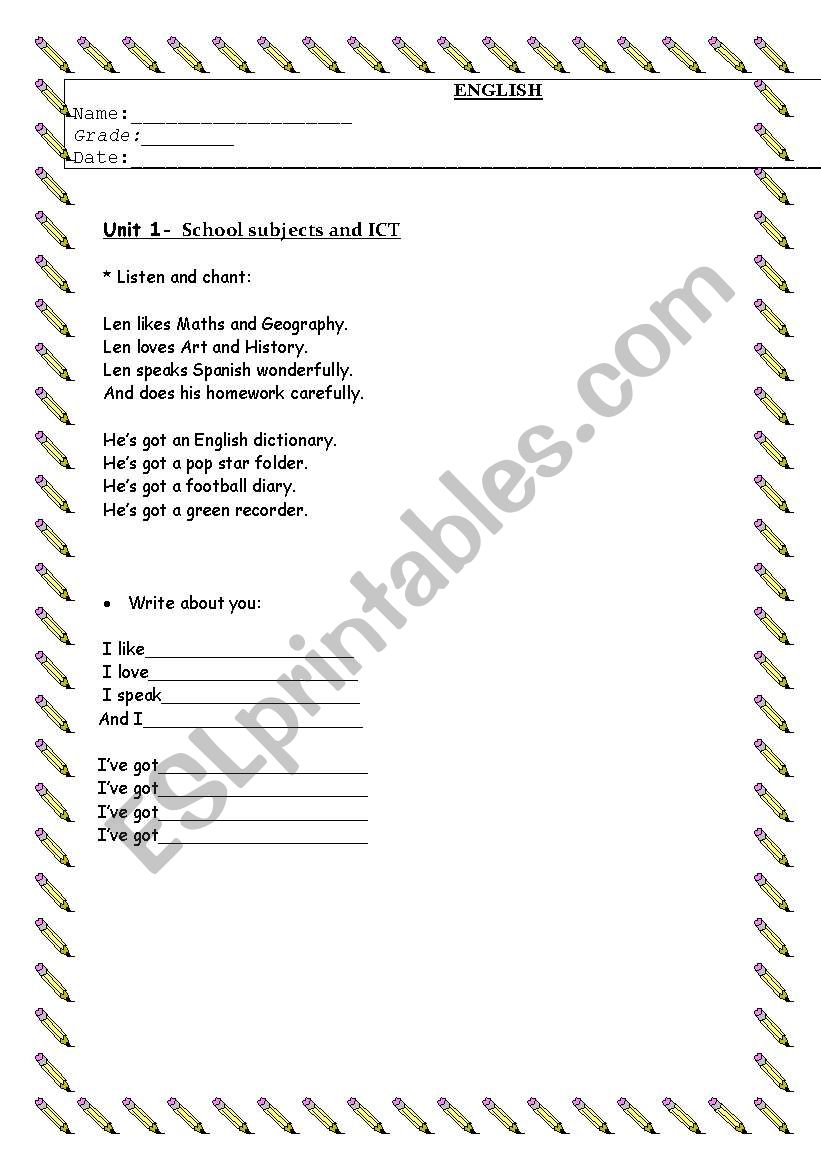 school subjects chant worksheet