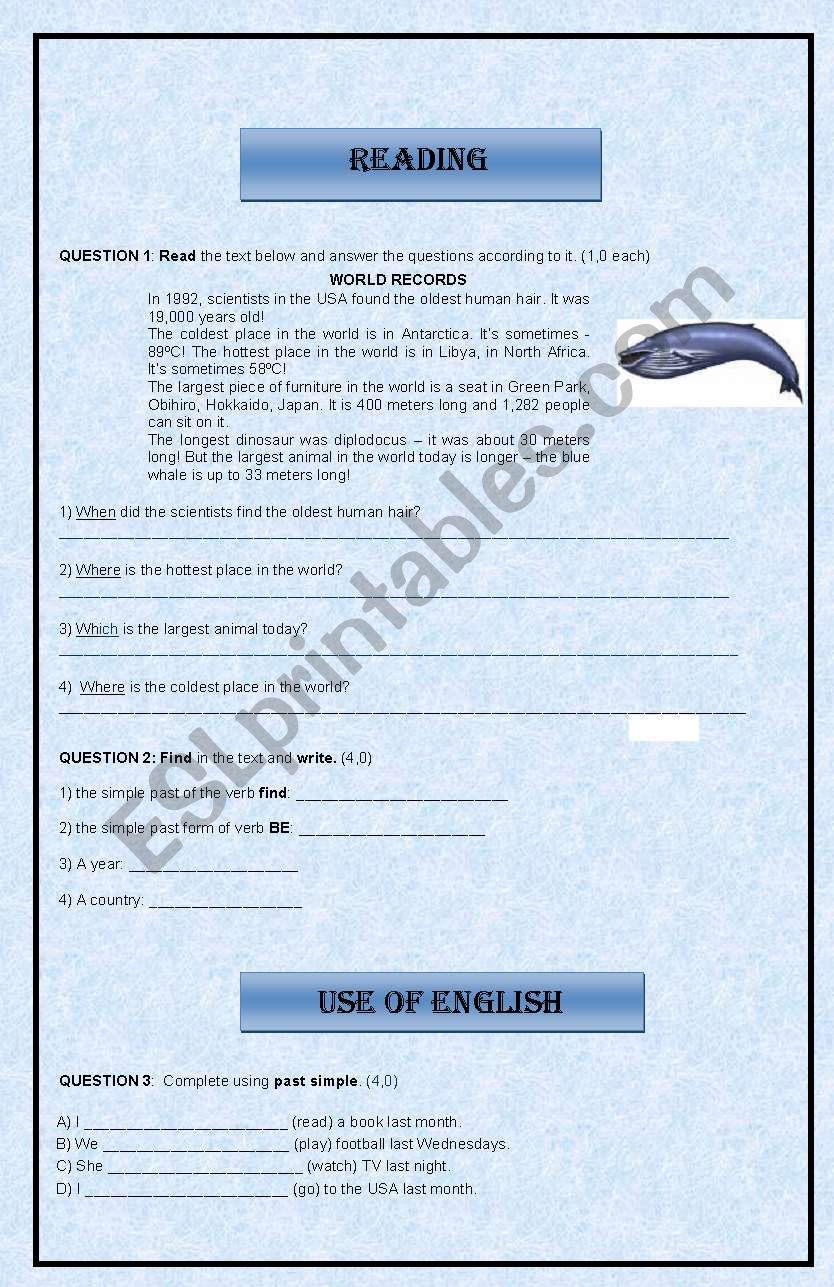 English Worksheets Elem Test