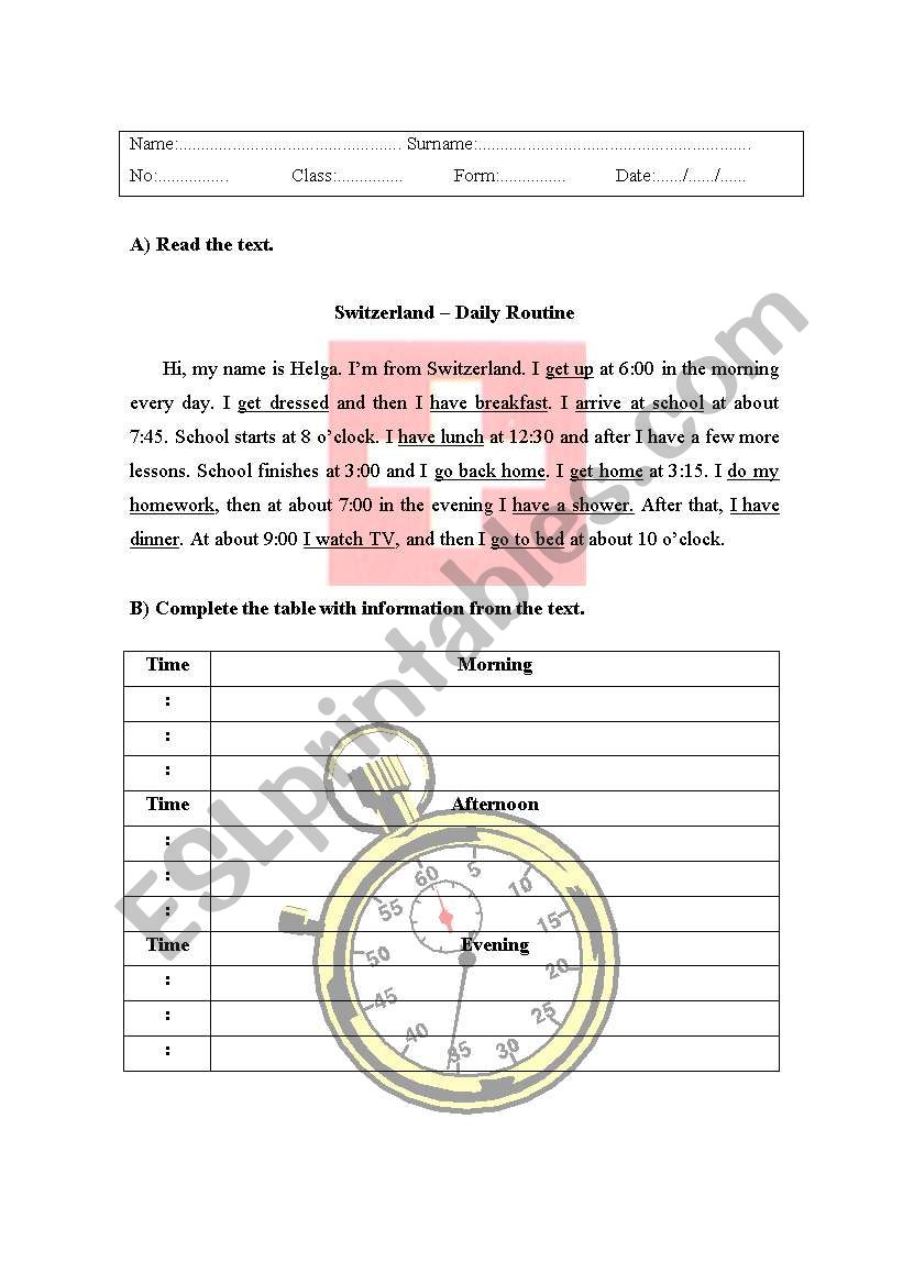 Daily routine worksheet