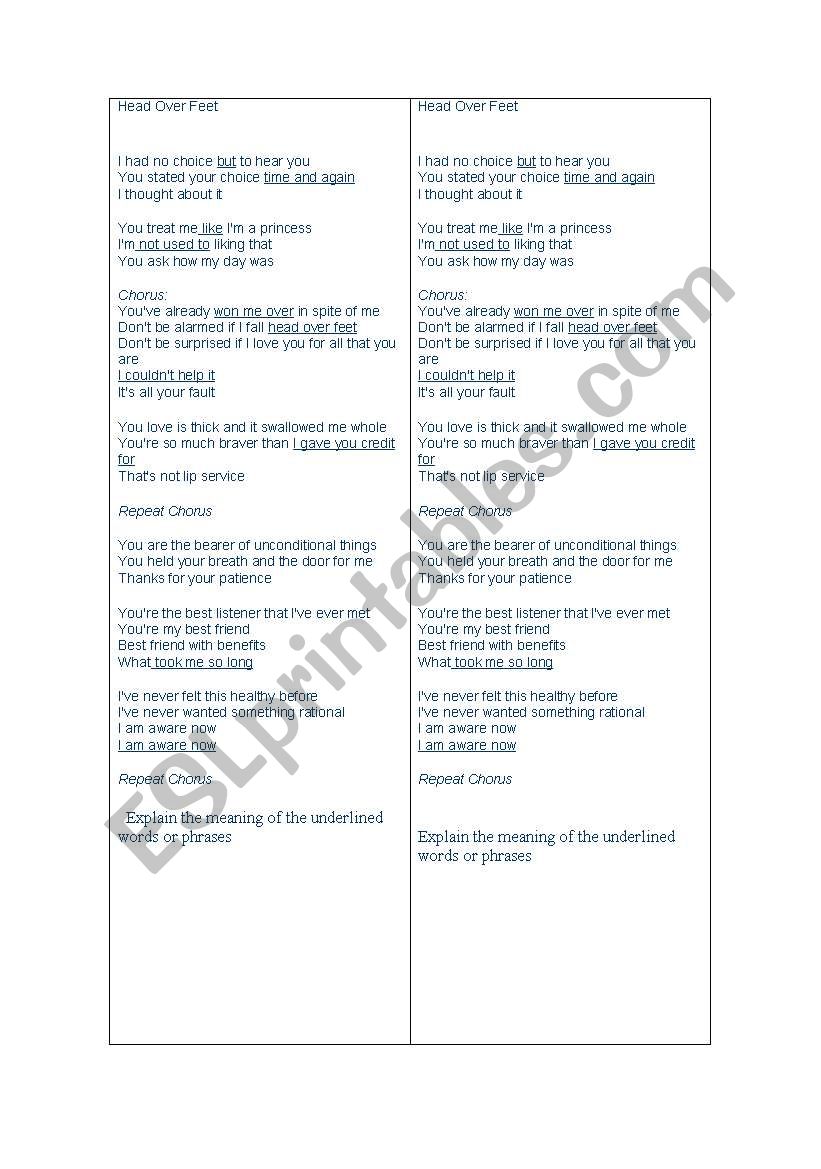 Head over feet- song worksheet