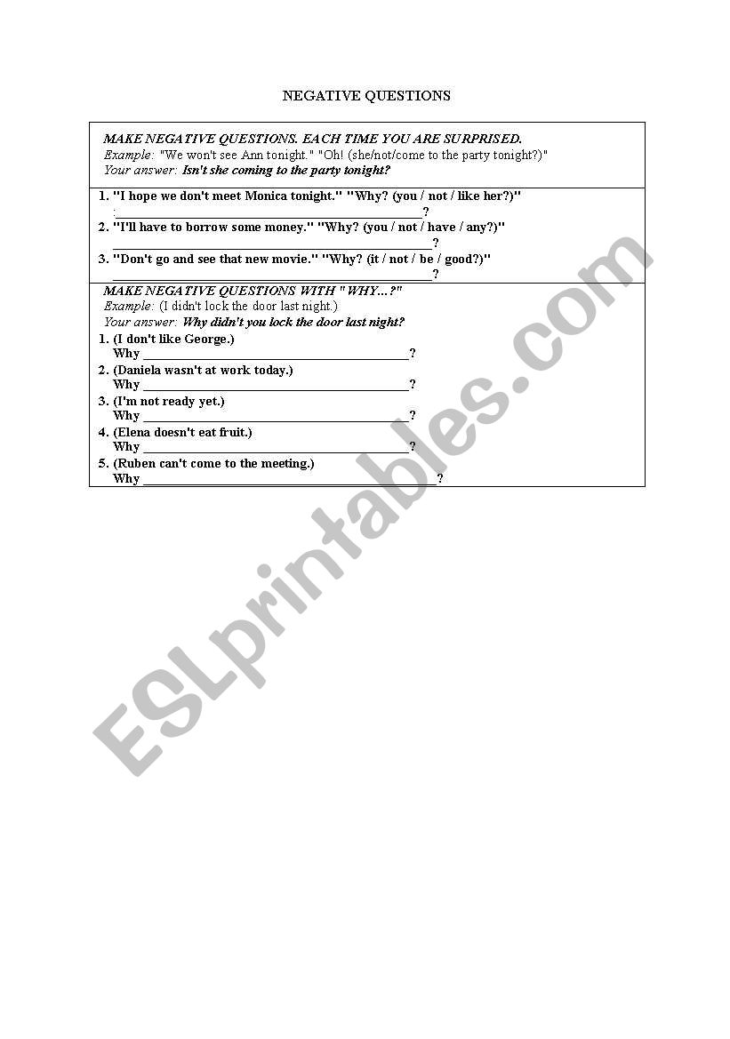 Negative questions worksheet