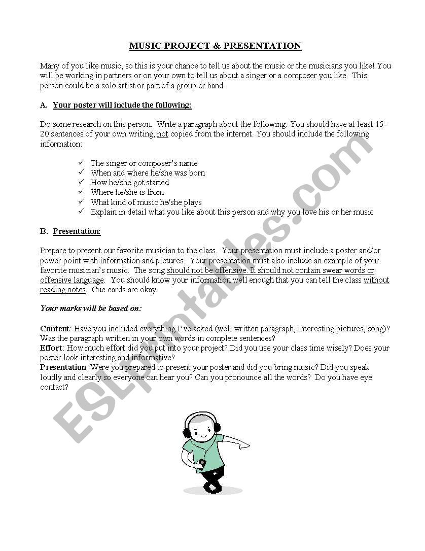 Music Project worksheet