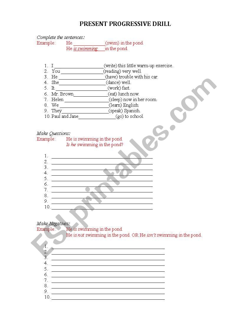 Present Progressive/Continuous Drill