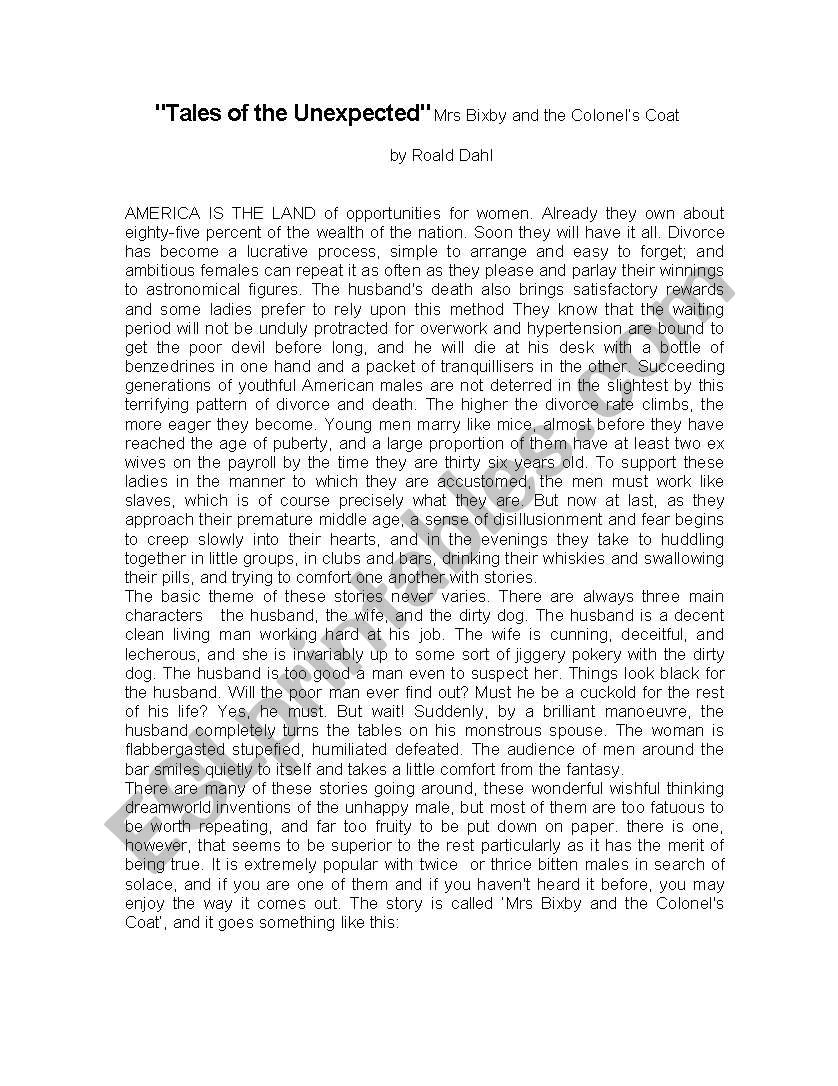 Tales Of The Unexpected Mrs Bix And The Colonel S Coat Roald Dahl Esl Worksheet Crisvoldman