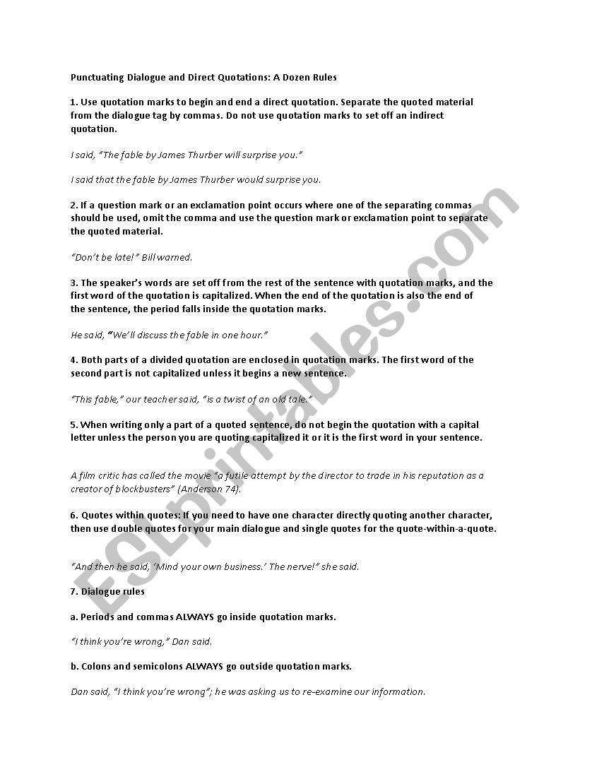 Dialogue Rules worksheet