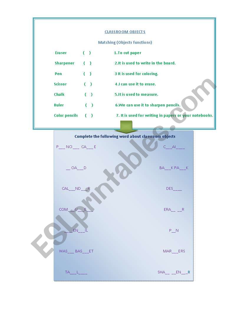 Classroom Objects Exercise. worksheet