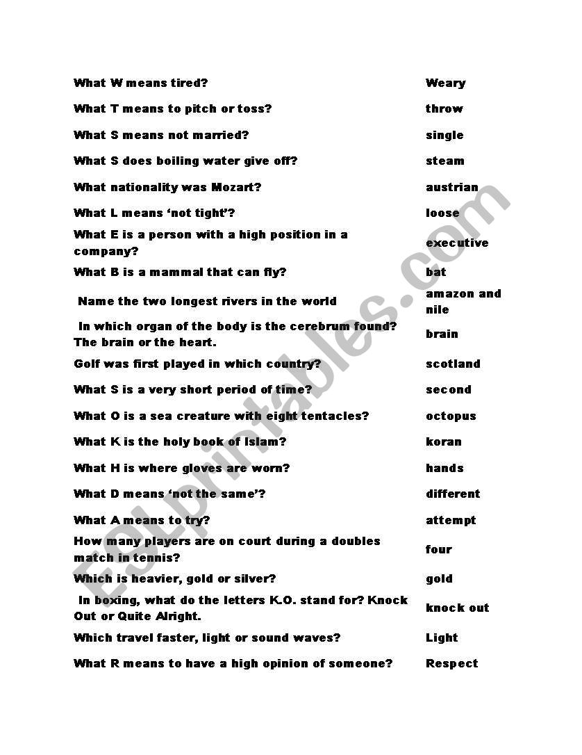 MIllionaire Answer Sheet worksheet