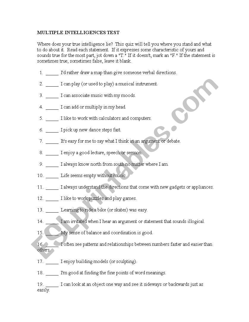 Multiple Intelligences Test worksheet