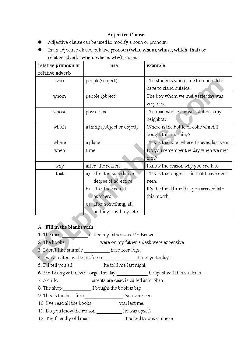 adjective clause  worksheet